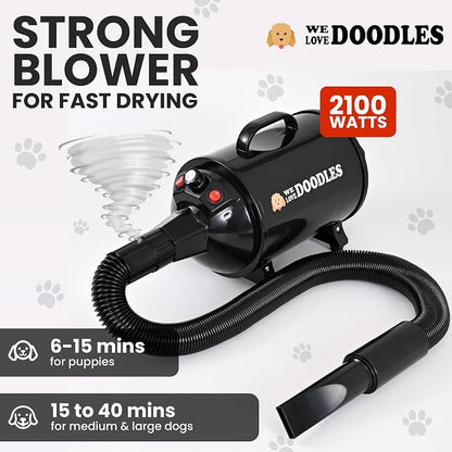 Dog Hair Dryer, High Velocity Blow Dryer & Pet Blower for Grooming, Black Adjustable Speed & Temperature Settings, Powerful Force Dryer Motor, Dries Fast & Fluffs Out Undercoat, Doodles & Poodles