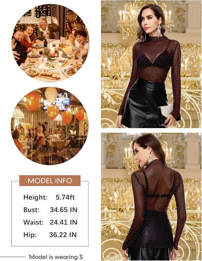 This soft, lightweight mesh top adds a chic, sparkly layer to any outfit. The mock neck and ruffled details create an elegant, eye-catching look.