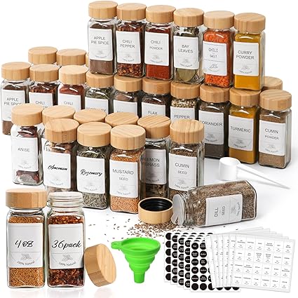 36 Pack 4 oz Glass Spice Jars with Bamboo Lids, Empty Square Spice Containers with 319 BlankPrinted Spice Labels, Collapsible Funnel for Kitchen Cabinet, Spice Rack