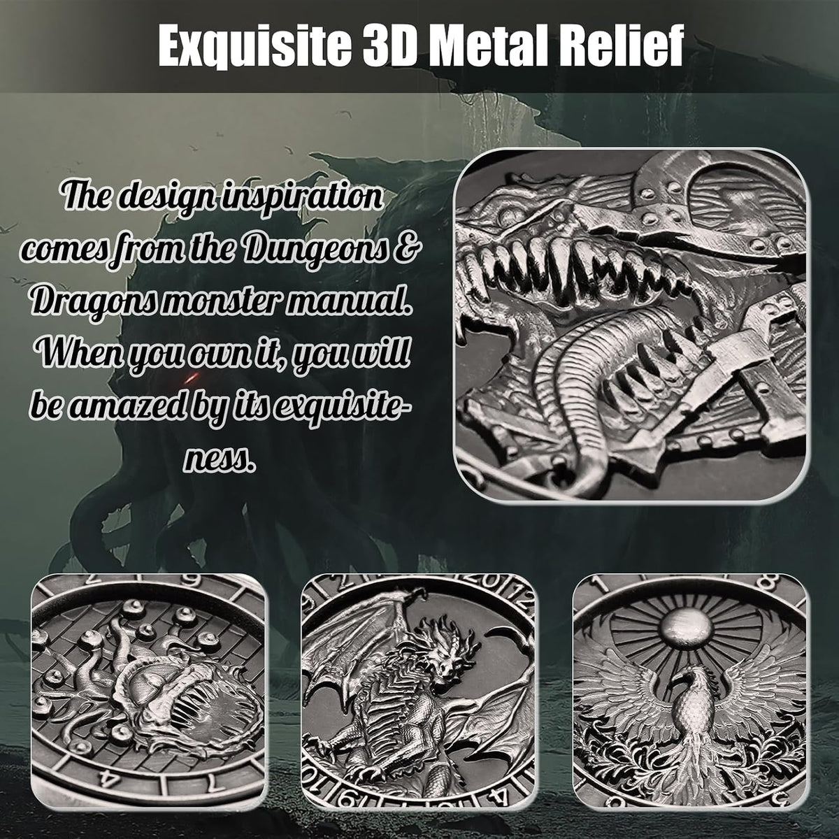 DND Spinner Dice, 7 in 1 Unique Metal Dice Set with 3D Relief for Dungeons and Dragons Gifts, Cool Polyhedral Role Playing Game Dice, Fantasy D&D Tabletop RPG Accessories for DM & Player (Silver)