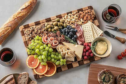 Cutting Boards for Kitchen, Design in USA Large Acacia Wood Chopping Board, Checkered Cutting Board with Juice Grooves & Handles, Butcher Block Serving Tray with Gift Box, 17" x 12" x 0.8"