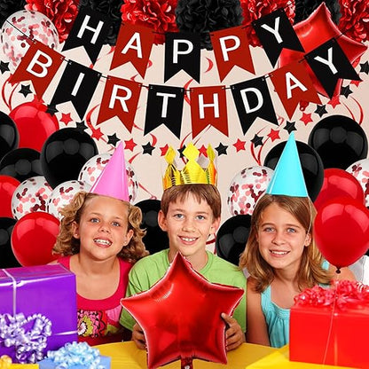 Black and Red Birthday Decorations, Happy Birthday Decorations with Banner for Boys Girls Men Women Birthday Party Decorations Supplies