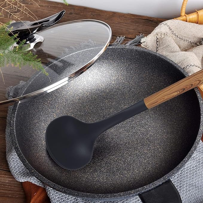 Bene Casa - Black Ladle with Wood Like Handle, Heat Resistant. Black Ladle wWood Like Handle, 14"