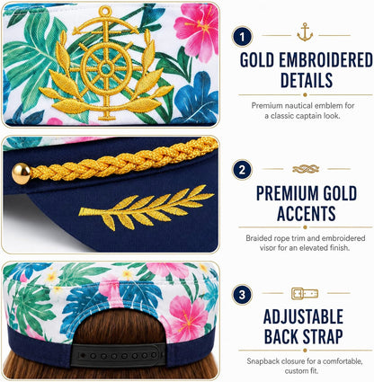 Tropical Sailor Captain Hat - Hawaiian Luau Party Cruise Yacht Accessory for Men, Women