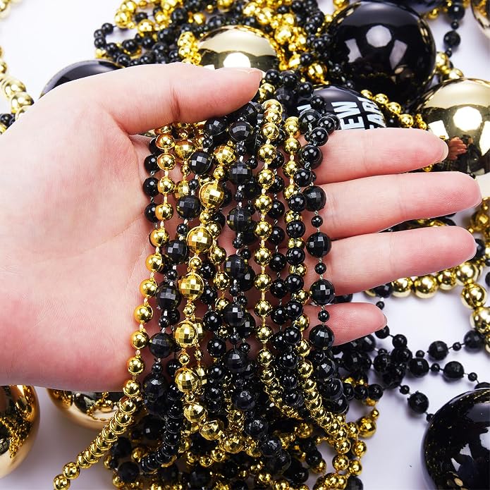 2 set of 36 inch 2026 Happy New Year Bead Necklace 35 Black and Gold Bead Necklace 33 Plastic Beaded Torque Happy New Year Decorations for Party Favors Costume Accessories