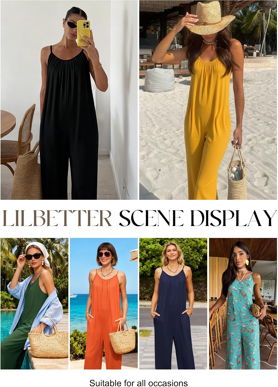 LILBETTER Women Jumpsuits Casual Sleeveless Spaghetti Strap Boho Wide Leg Rompers with Pockets.