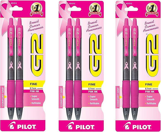 Pilot G2 Breast Cancer Awareness Pink Pens with Pink Ink, Retractable Gel Ink Rolling Ball, Fine Point, 2-Pack (31312), 3 PACK