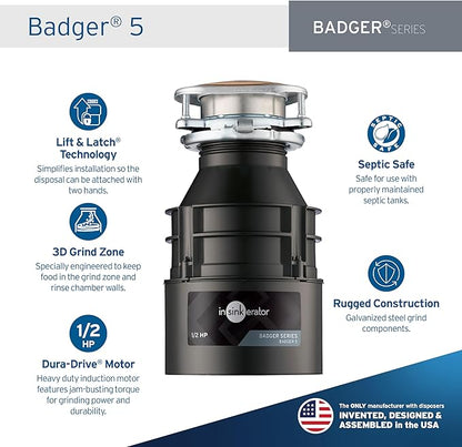 InSinkErator Badger 5 Garbage Disposal, Standard Series 12 HP Continuous Feed Food Waste Disposer, Black, Set of 1