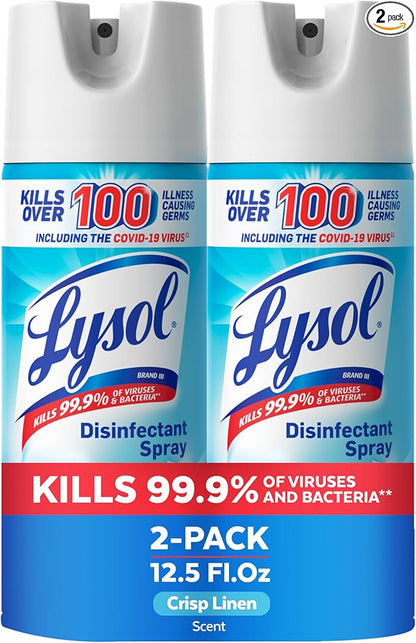 Lysol Disinfectant Spray, Sanitizer, Crisp Linen, 12.5 oz, 2 Pack Multi-Surface Disinfecting & Sanitizing Antibacterial Room Spray, Deodorizer Spray, Home & Bathroom Cleaning Supplies