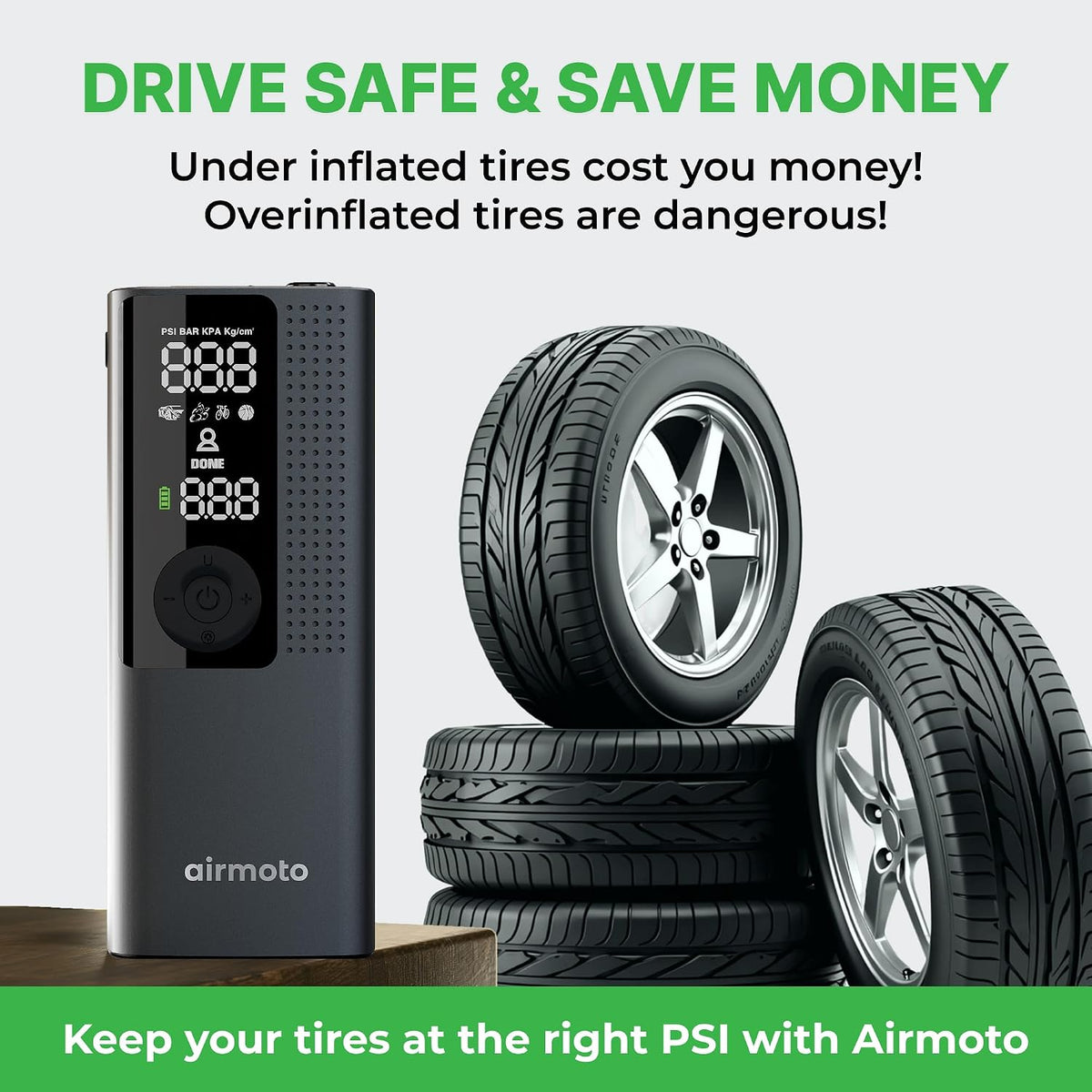 Airmoto Portable Tire Inflator and Car and Home Charger Bundle (Car Adapter not included)