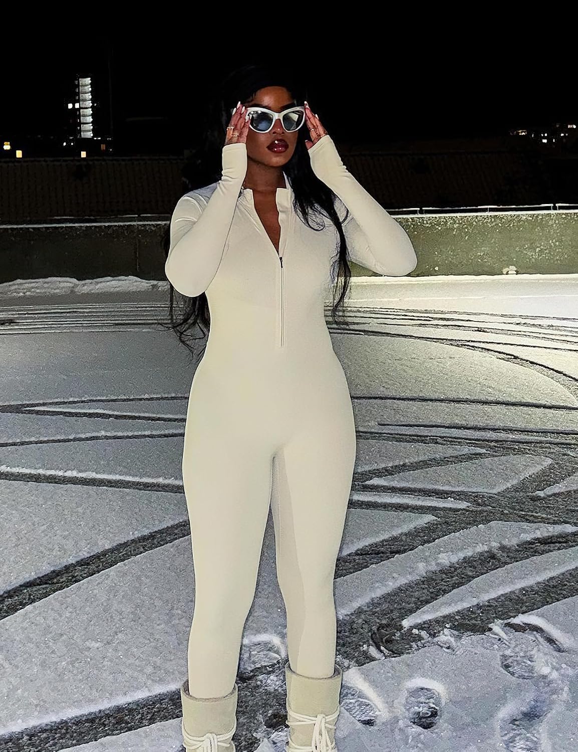 YEOREO Women Long Sleeve Workout Jumpsuit Zip Up Romper Bottom Pants Bodysuit Bodycon Sexy One Piece