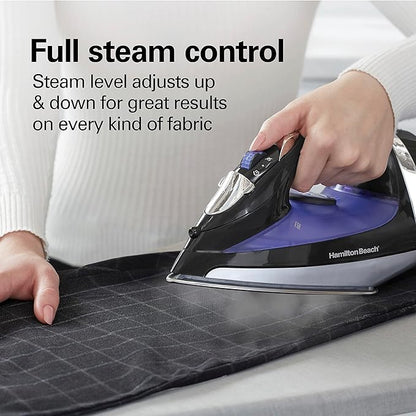 Hamilton Beach Steam Iron for Clothes  Garment Steamer with Smooth Press Stainless Steel Soleplate, 1200 Watts, 8Ao Retractable Cord, Black (14214)