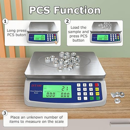 Large Digital Kitchen Scale 40kg88lb Stainless Steel Price Computing Scale Counting Scale Deli Scale with LCD Display for Baking Bread Cooking Meat Prep Parts and Coins Adapter Included