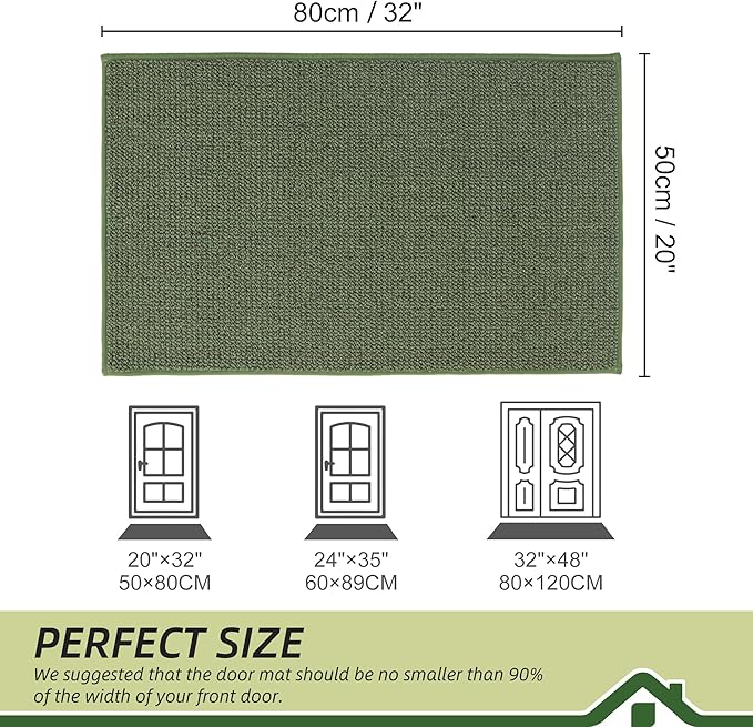 BEQHAUSE Dirt Trapper Door Mat 20" x 32", Non-Slip Washable Doormats Entrance Mat, Dirt Resistant and Absorbent Welcome Mat, Low Profile Floor Mats for Front Back Door and Entryway, Green