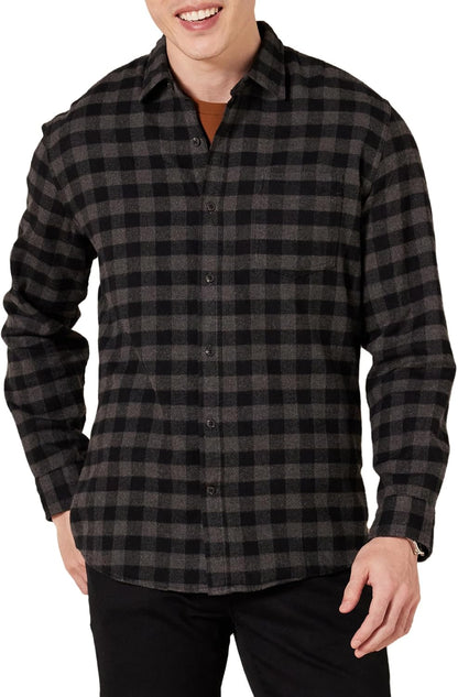 Essentials Men's Regular Fit Long-Sleeve Flannel Shirt, Soft Brushed Cotton, Lightweight yet Warm