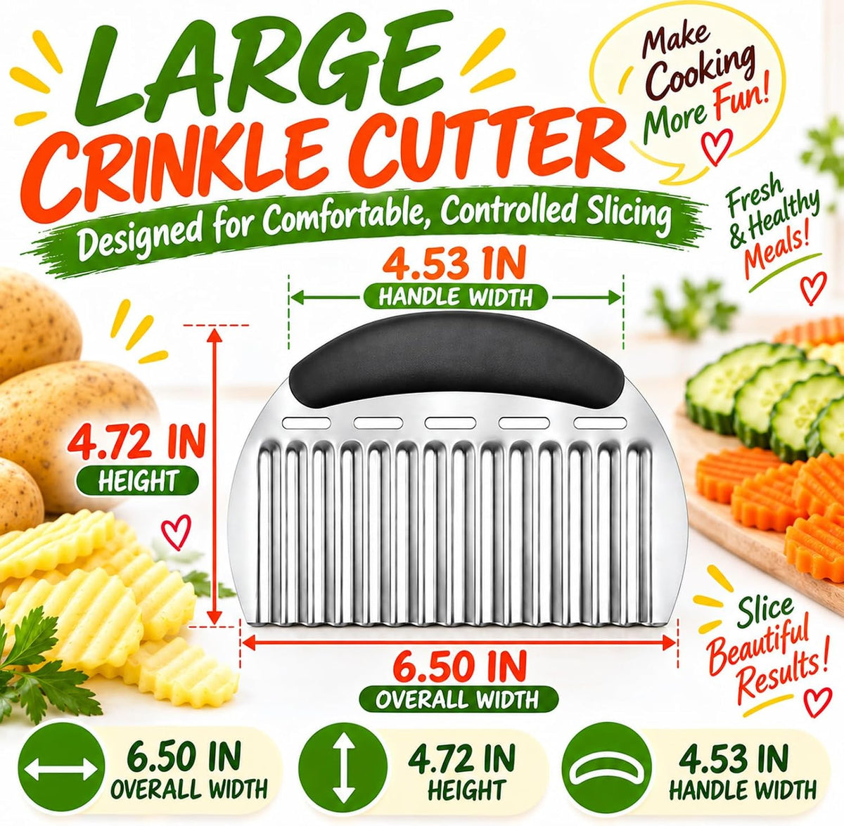 JAYVAR Large Crinkle Cutter French Fry Cutter, Large Crinkle Potato Slicer Wavy Chopper, Stainless Steel Wavy Slicer Crinkle Cutting Chopping Tools with Handle for Carrot Vegetable