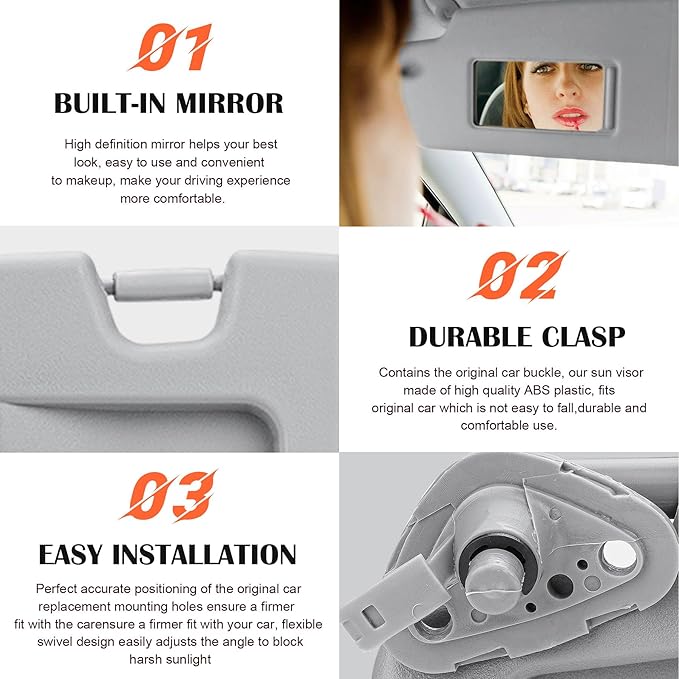 Gray Driver Left Side Sun Visor Replacement Compatible with 2006 2007 2008 2009 2010 2011 Honda Civic EX LX Sedan SI Coupe Replace 83280-SNA-A01ZA