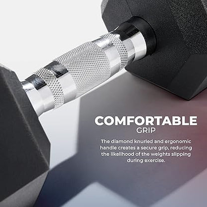 Sunny Health  Fitness Hex Style Dumbbell 5 LBS TO 50 LBS Chrome Handles, Hand Weight for Strength Training, Home Gym, Exercise, Workout Equipment Multiple Size Options
