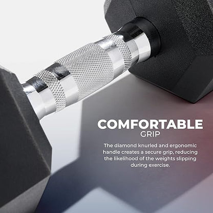 Sunny Health  Fitness Hex Style Dumbbell 5 LBS TO 50 LBS Chrome Handles, Hand Weight for Strength Training, Home Gym, Exercise, Workout Equipment Multiple Size Options