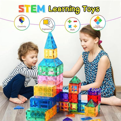 Ziggzo Magnetic Tiles for Kids Ages 4-8 | 100 Magnet Tiles with Storage Bag and 2 Cars | STEM Building Blocks for Creative Learning