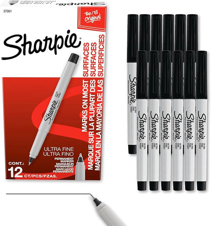 Sharpie Permanent Markers, Ultra Fine Tip, Black, 12 Count - Quick Drying, Fade Resistant