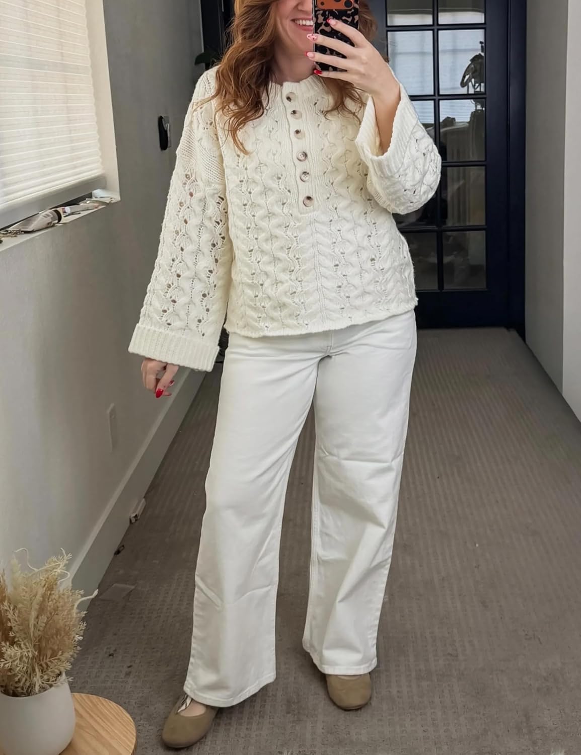 Free People Women's Cable Knit Sweater Long Sleeve Crewneck Casual Cropped Pullover Sweaters Boho Half Button Down Tops