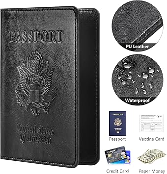 Eoehro Passport and Vaccine Card Holder Combo, Faux Leather, Compact, Lightweight, Waterproof, AA-Black
