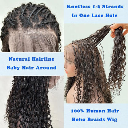 Braided Wig Human Hair Full Lace Boho Box Braids Wig Knotless 300Density Pre Plucked With Curly Ends Goddess Glueless Transparen Lace Wigs For Women Natural Color 12 Inch