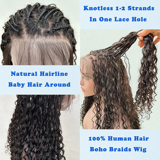 Braided Wig Human Hair Full Lace Boho Box Braids Wig Knotless 300Density Pre Plucked With Curly Ends Goddess Glueless Transparen Lace Wigs For Women Natural Color 12 Inch