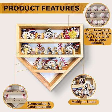 Baseball Championship Ring Display Case  Fully Customizable Baseball Ring Holder with 39 Removable Pegs  3 Shelves  Easter Gifts for Kids  Designed in The U.S.