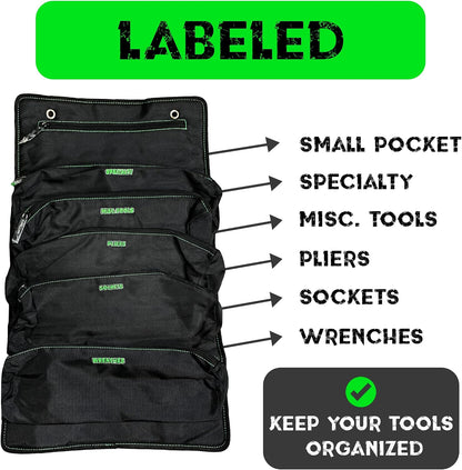 Rhino USA Tool Bag Roll - Heavy Duty Canvas Organizer for Tools Labeled & Removable Pouches for Ultimate Travel Tool Storage. For UTV, Car, Truck, 4x4 Offroad & Garage Use. Black