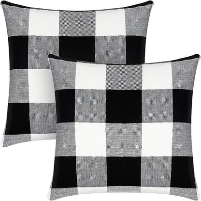 Syntus Set of 2 Buffalo Check Throw Pillow Covers Farmhouse Outdoor Plaid Square Pillow Cushion Case Black and White Polyester Linen for Christmas Thanksgiving Decor Car Bed Sofa, 18 x 18 inches