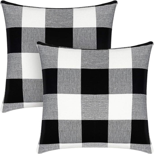 Syntus Set of 2 Buffalo Check Throw Pillow Covers Farmhouse Outdoor Plaid Square Pillow Cushion Case Black and White Polyester Linen for Christmas Thanksgiving Decor Car Bed Sofa, 18 x 18 inches