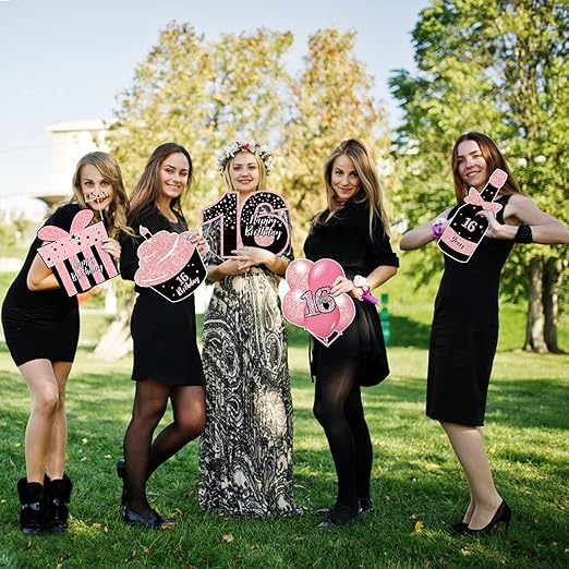 Sweet 16 Birthday Decorations - 7 Pcs Black & Pink Sweet 16 Yard Signs with Stakes, 2 Pcs LED Lights, Sparkling at Night, Weatherproof, Perfect Outdoor Lawn Decorations
