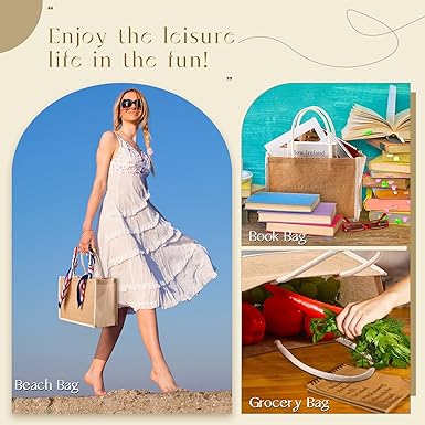 Reginary 16 Pcs Jute Tote Gift Bags Natural Burlap Grocery Shopping Bag Beach Tote with Handle for Bridesmaid Wedding Travel