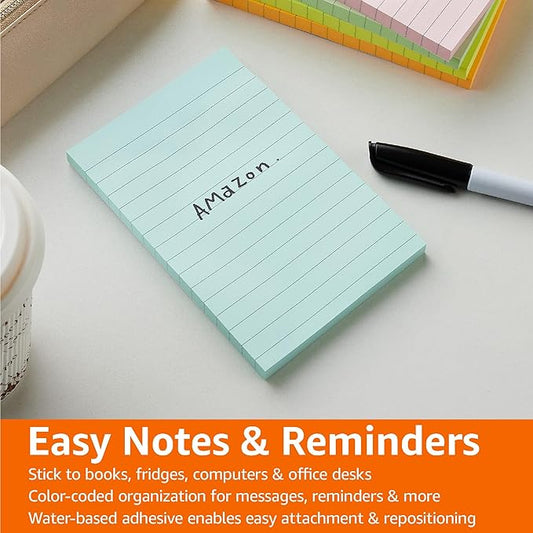 Basics Sticky Note Pads, Lined, 4x6, Rectangular, Assorted Colors, Pack of 5