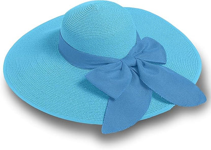Women's Wide Brim UPF 50+ Straw Sun Hat with Bow - Foldable Packable Summer Beach Hat with Chin Strap