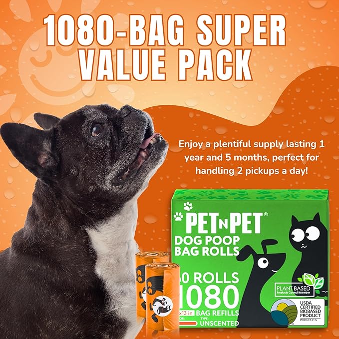 Pet N Pet 1080 Counts Orange Poop Bags for Dogs, 38% Plant Based & 62% PE Extra Thick Dog Poop Bags Rolls, 9" x 13", Unscented Pet Waste Bag