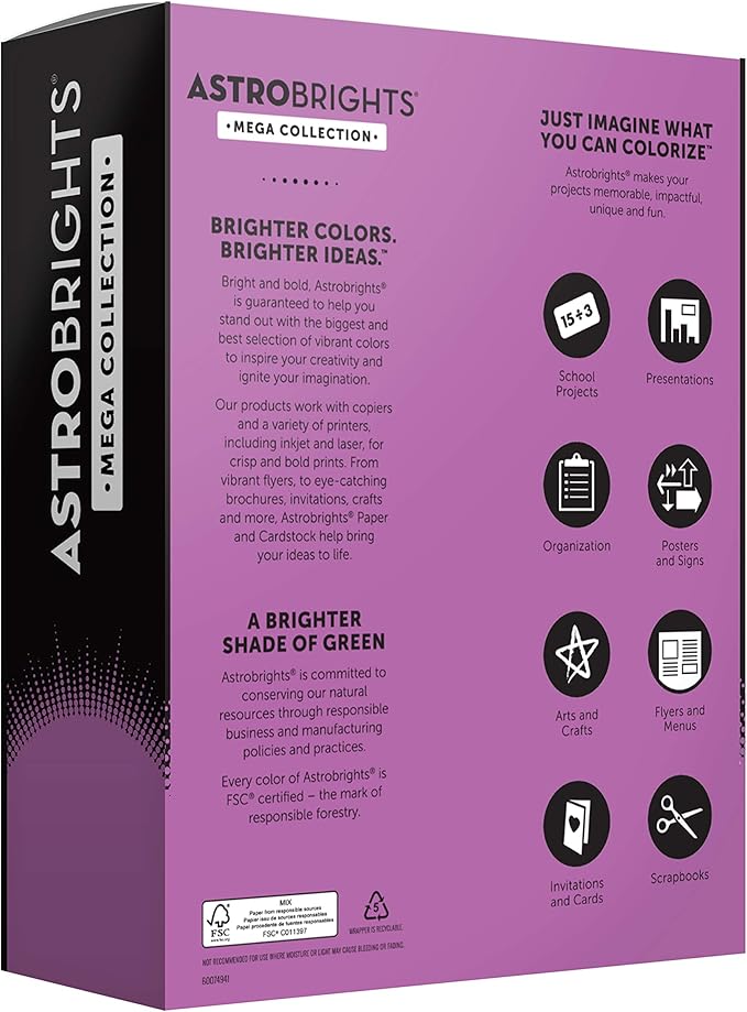 Astrobrights Mega Collection Colored Paper, 8  x 11, 24 lb89 gsm, Bright Purple, 625 Ct. (91675) " Exclusive" - More Sheets!