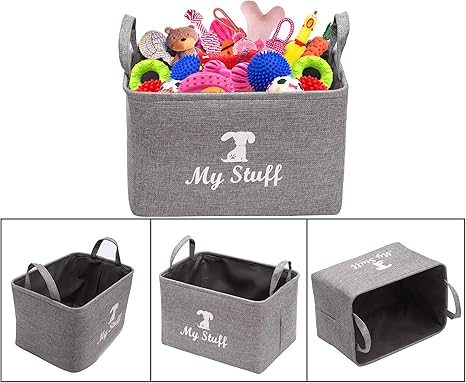 Geyecete Canvas Dog Toy Storage Dog Toy Basket -Box for Dog Toy Bins, Dog Blanket, Dog Clothes Storage - Pet Toy and Accessory Storage Bin-Gray