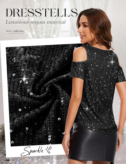 DRESSTELLS Women's Sequin Sparkly Tops, Holiday Party Glitter Cocktail V-Neck Short Sleeve Shirts for Concert Club