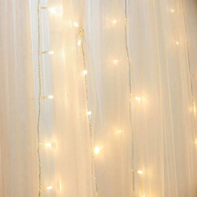 Sterno Home GL43568 IndoorOutdoor 300 LED Curtain String Light with 8 Light Motion Options, 1-Pack, Warm White with White Cord