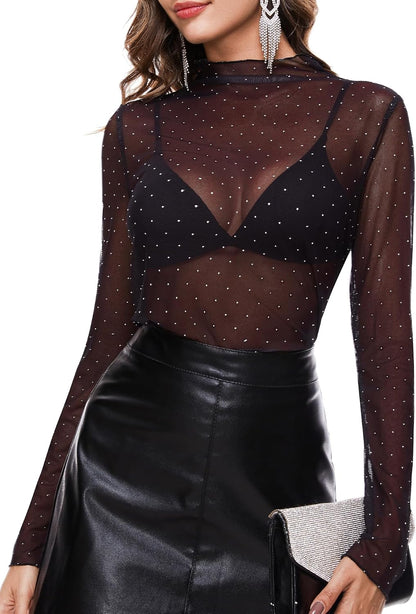 This soft, lightweight mesh top adds a chic, sparkly layer to any outfit. The mock neck and ruffled details create an elegant, eye-catching look.