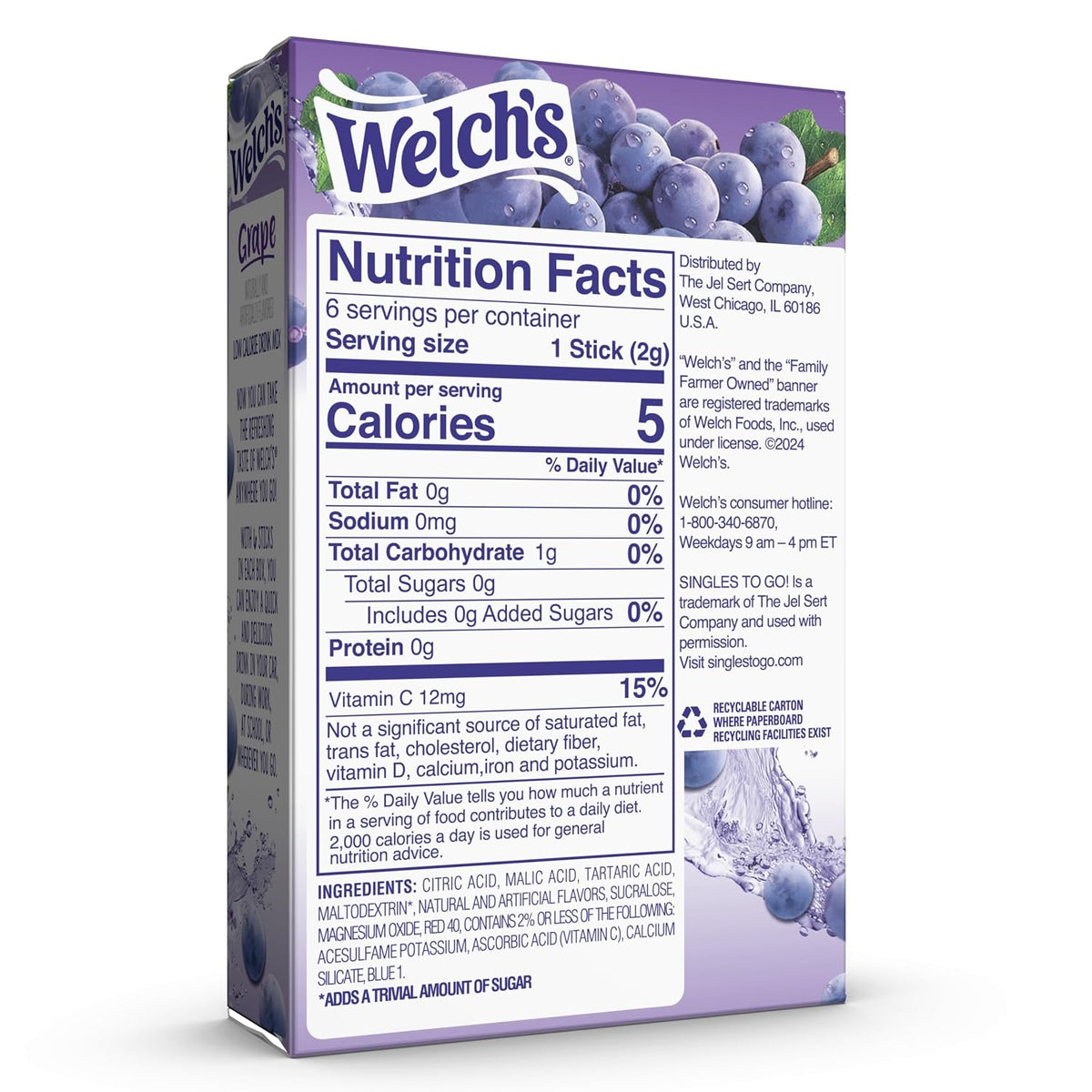 Welch's Singles To Go Water Drink Mix - Powder Sticks, 12 Boxes with 6 Packets Each - 72 Total Servings, Grape, 0.45 Ounce (Single Box, contains 6 sticks)