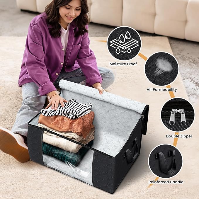 Fab totes 3-Pack Clothes Storage, Foldable Blanket Storage Bags, Storage Containers for Organizing Bedroom, Closet, Clothing, Comforter, Organization and Storage with Lids and Handle, Black