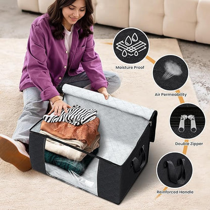 Fab totes 3-Pack Clothes Storage, Foldable Blanket Storage Bags, Storage Containers for Organizing Bedroom, Closet, Clothing, Comforter, Organization and Storage with Lids and Handle, Black