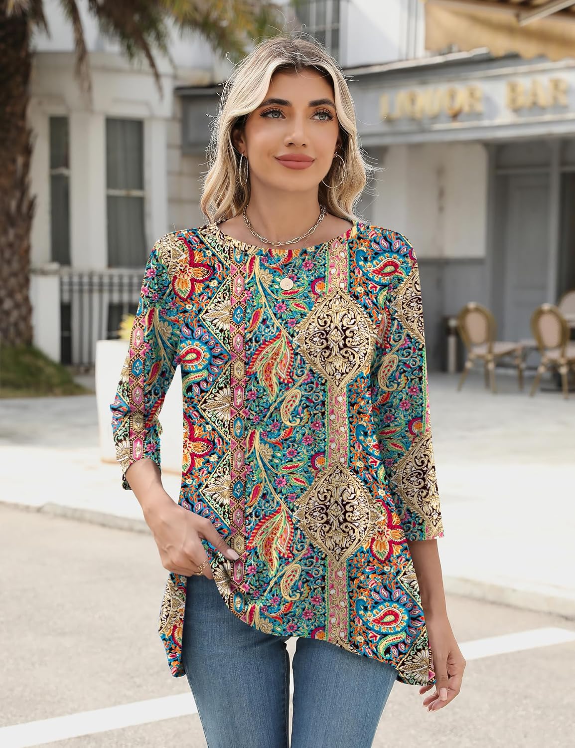 Lomon 3/4 Sleeve Tunic Tops for Women Loose Fit Dressy Casual Blouse Flowy Shirts to Wear with Leggings S-3XL