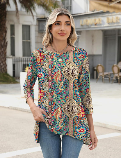 Lomon 3/4 Sleeve Tunic Tops for Women Loose Fit Dressy Casual Blouse Flowy Shirts to Wear with Leggings S-3XL