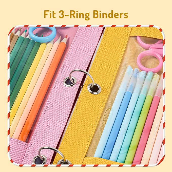 Forvencer Pencil Pouch for 3 Ring Binder, Large Pencil Case Pouch with 3 Reinforced Grommets, Pen Bag, Clear Window Pencil Case, Binder Accessories, Cherry Red