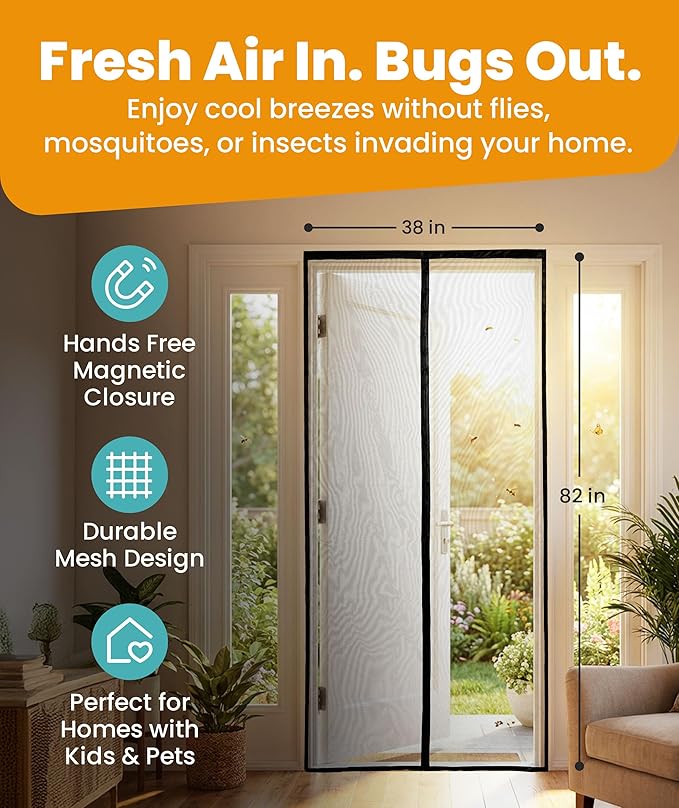 Flux Phenom Magnetic Screen Door - Bugs Out, Breeze in - 9min Install Auto-Sealing Heavy Duty Double Stitched Mesh, 52 Magnets, Hands Free Sliding & Patio Doors Net, Pet & Kid Friendly, 38 x 82 Inch